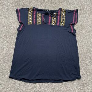 Adrianna Papell Top Adult Large Navy Blue Multicolor Embroidered Short Sleeve